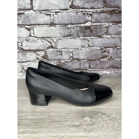 Clarks Marilyn Black Leather Patent Cap Toe Pump Heels Shoes Women Sz 8M US/39EU - Picture 12 of 16